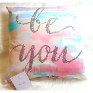 Pottery Barn BE YOU PILLOW 16x16 Silver Sequins Phrase Sunset Pink Peach Teal